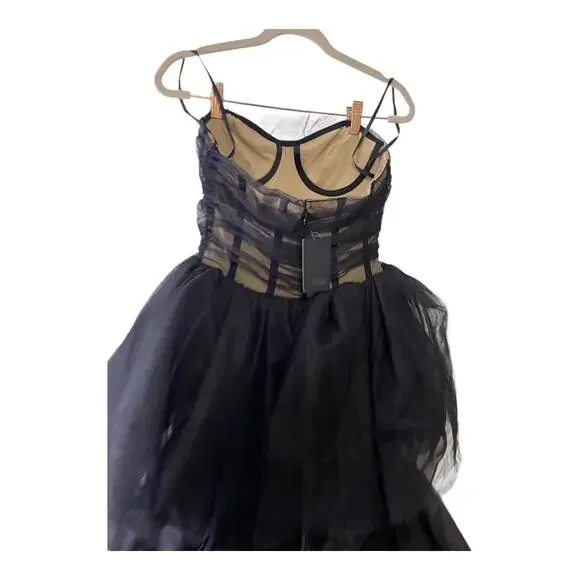 NBD Paula Corset Gown Strapless Tulle Hi-Low Tiered Ruffle Skirt Black Size XS